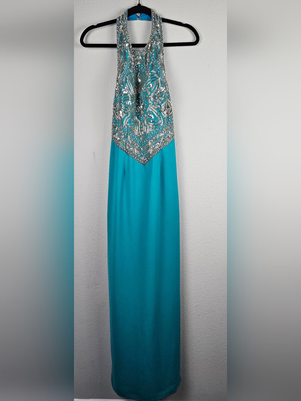 Custom Made Vintage Teal Beaded Halter Evening Gown Backless Formal Dress W/Slit